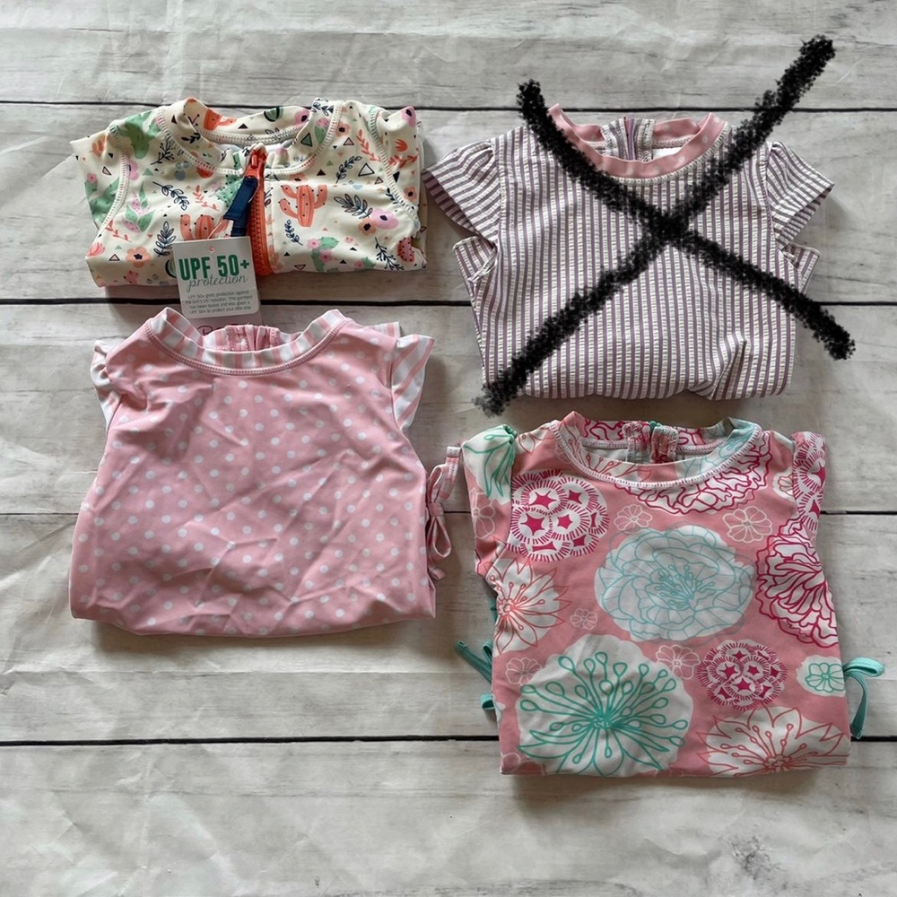 THREE RuffleButts polka dot desert blossoms swimsuit rash guard 12-18m